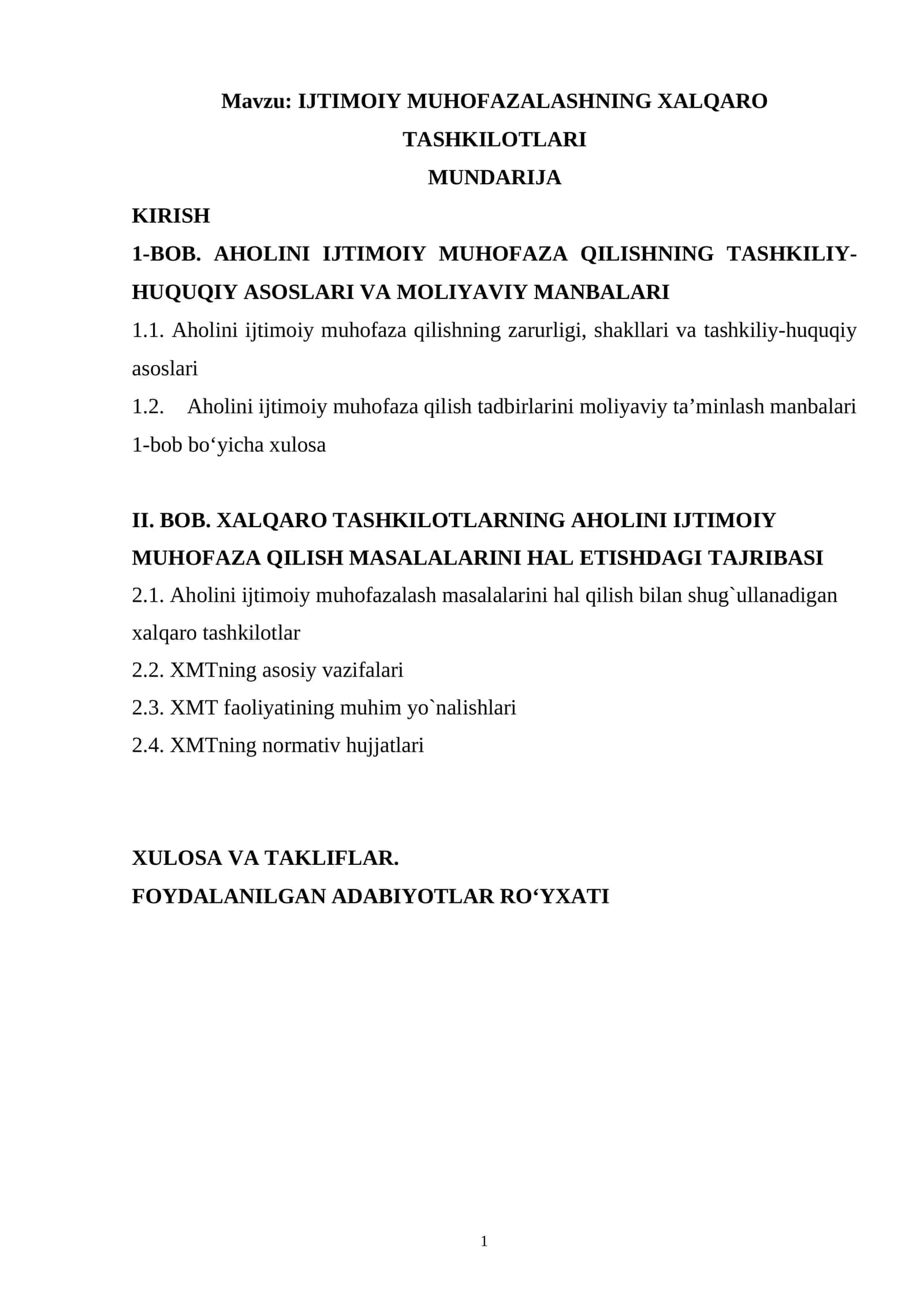 IJTIMOIY MUHOFAZALASHNING XALQARO TASHKILOTLARI
