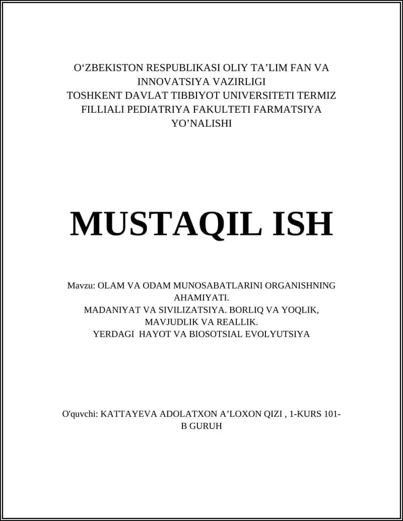 OLAM VA ODAM MUNOSABATLARINI ORGANISHNING AHAMIYATI