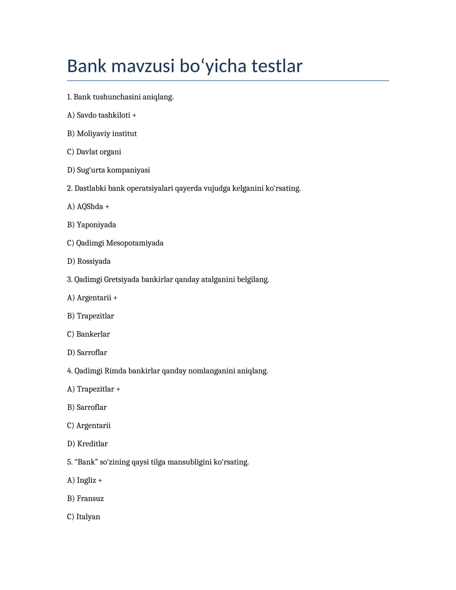 bank haqida testlar