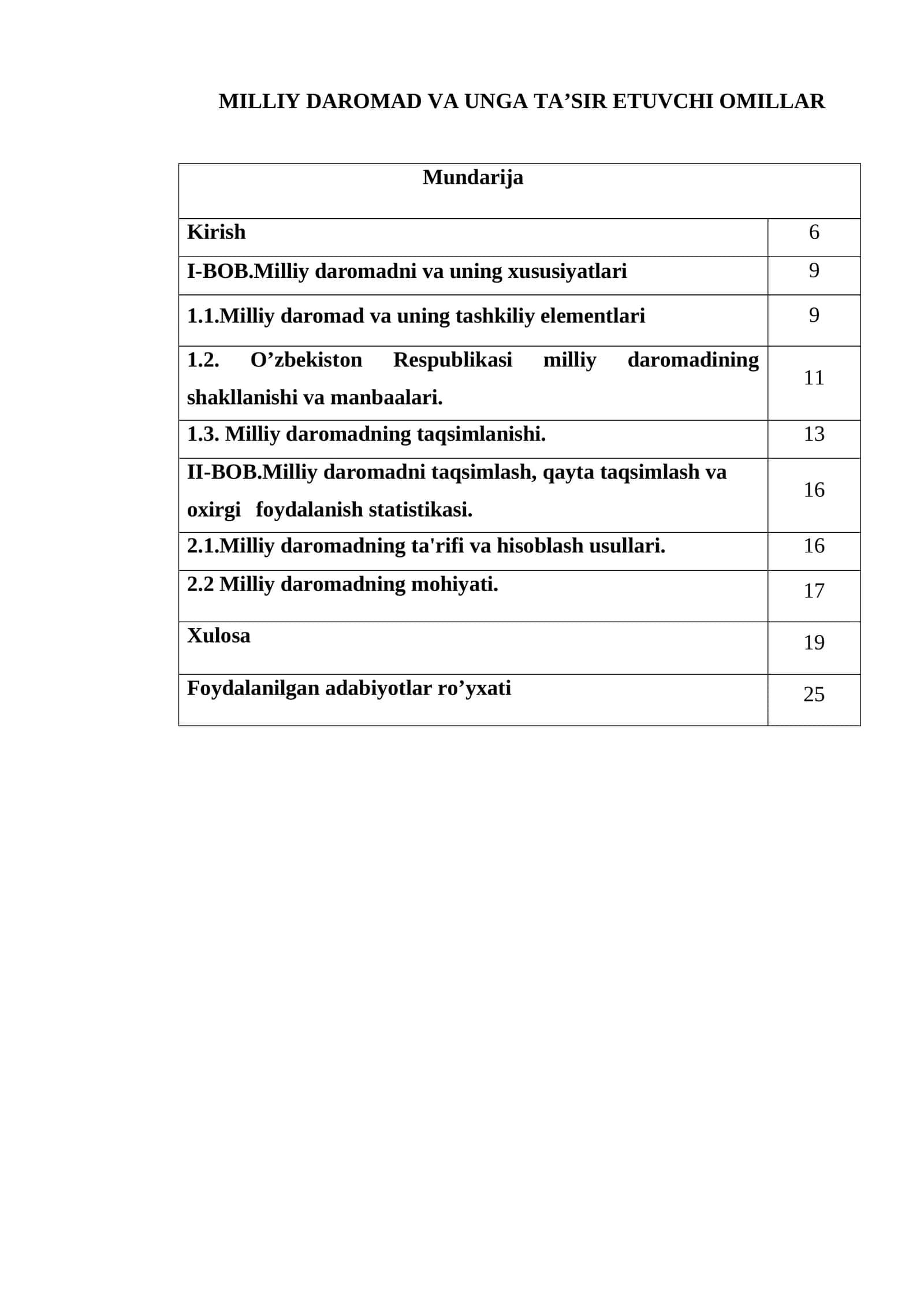 Milliy daromad va unga ta’sir etuvchi omillar