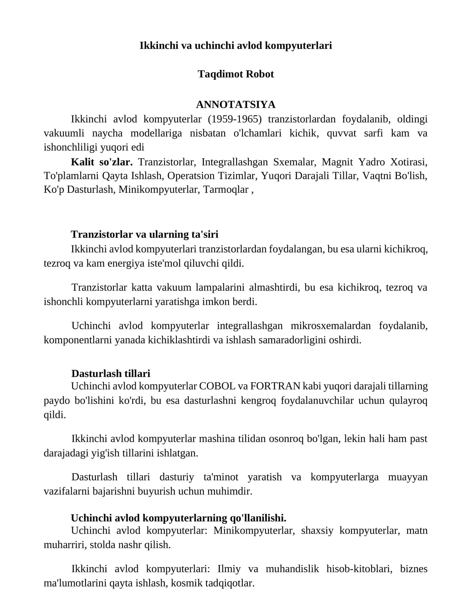Ikkinchi va uchinchi avlod kompyuterlari