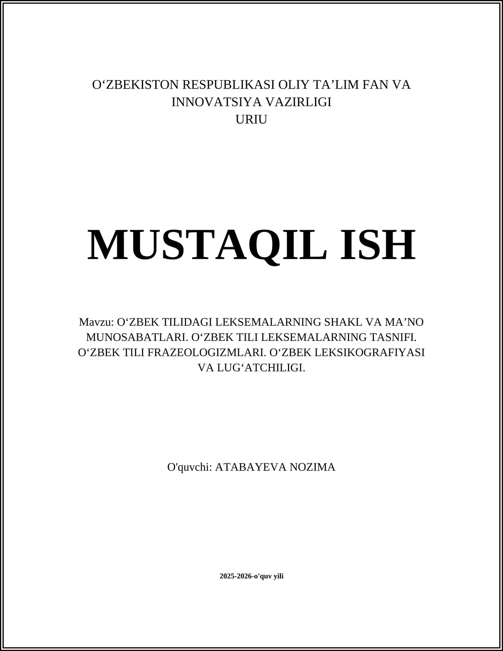 O'ZBEK TILIDAGI LEKSEMALARNING SHAKL VA MA’NO MUNOSABATLARI