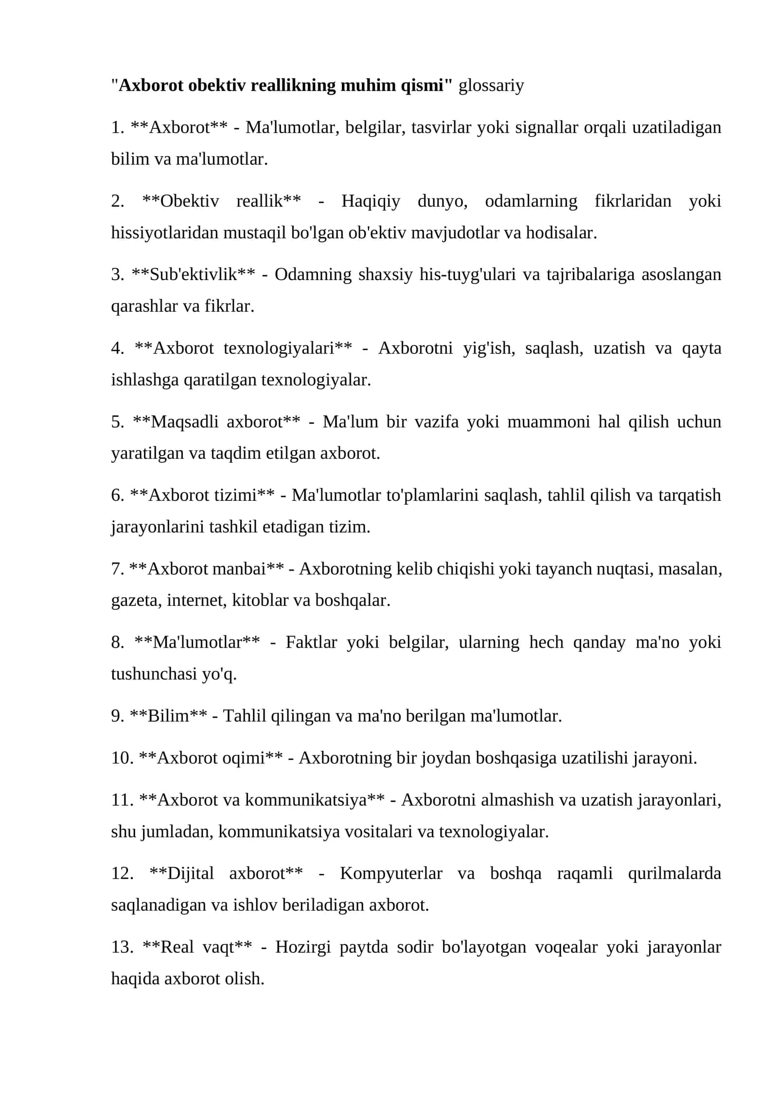 Axborot obektiv reallikning muhim qismi glossariy