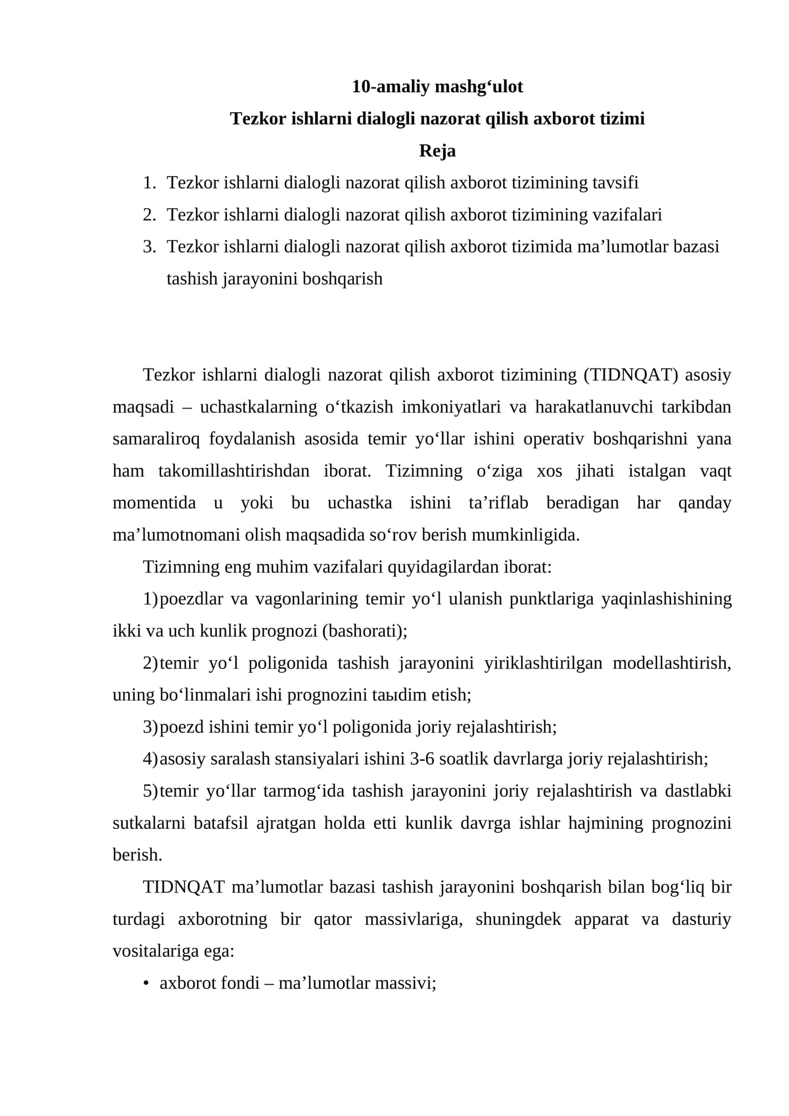 Tezkor ishlarni dialogli nazorat qilish axborot tizimi