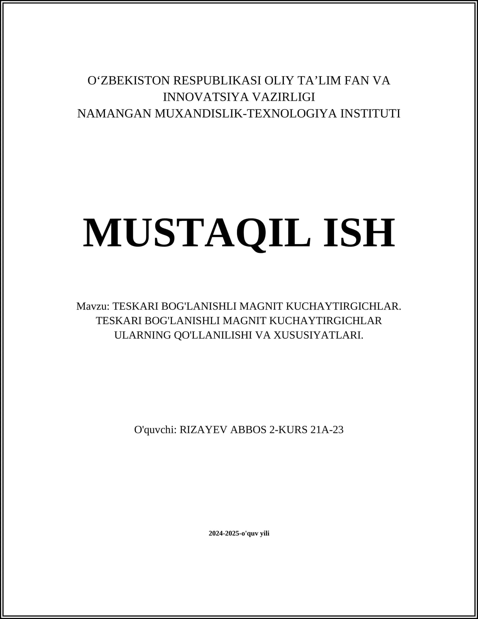 TESKARI BOG'LANISHLI MAGNIT KUCHAYTIRGICHLAR