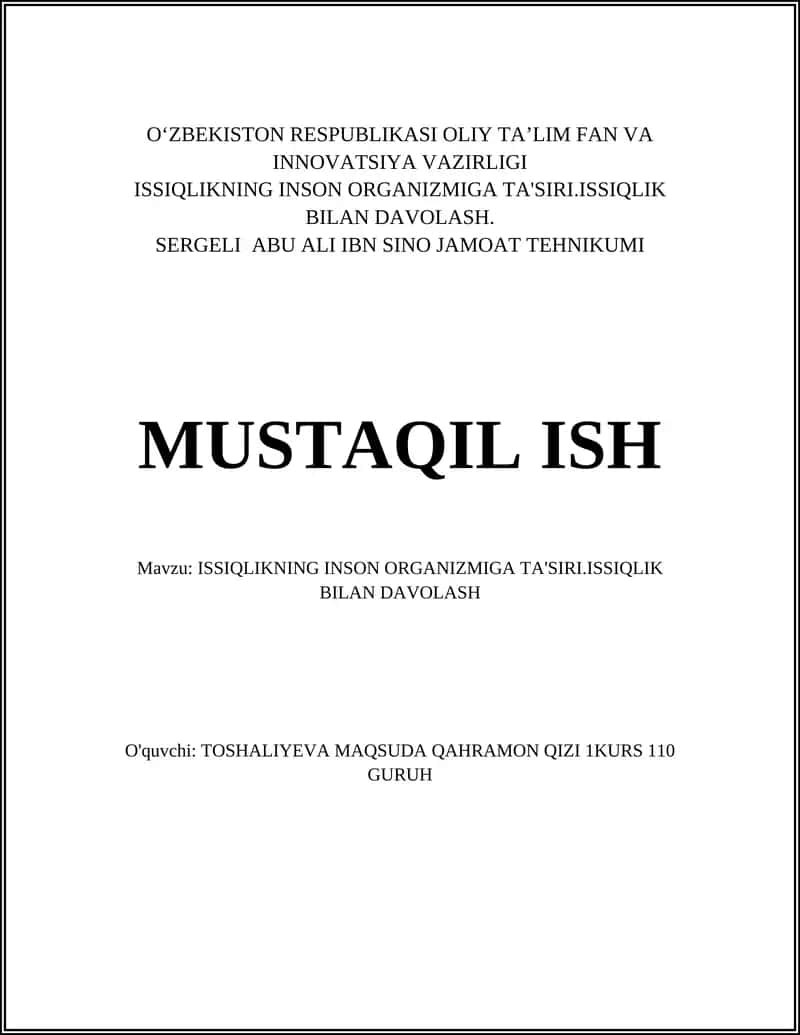 ISSIQLIKNING INSON ORGANIZMIGA TA'SIRI.ISSIQLIK BILAN DAVOLASH