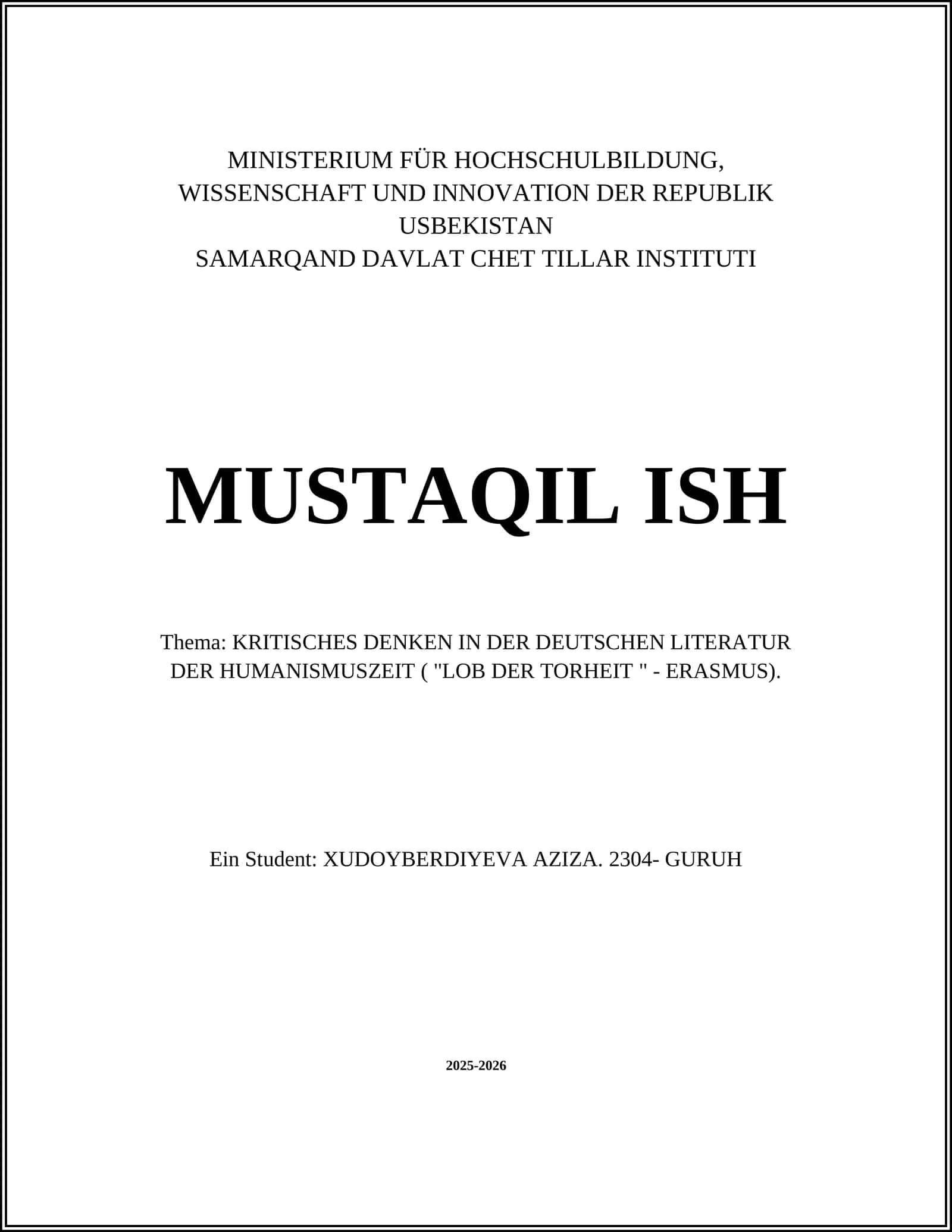KRITIKAL FIKRLASH ALMAN ADABIYOTIDA ( "UJUVLIK MÜNASIBA" - ERASMUS)