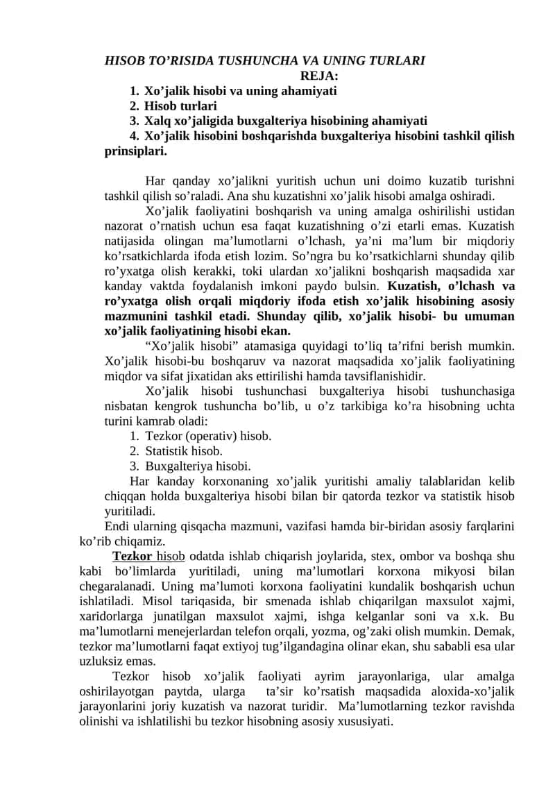 Xo’jalik hisobi va uning ahamiyati