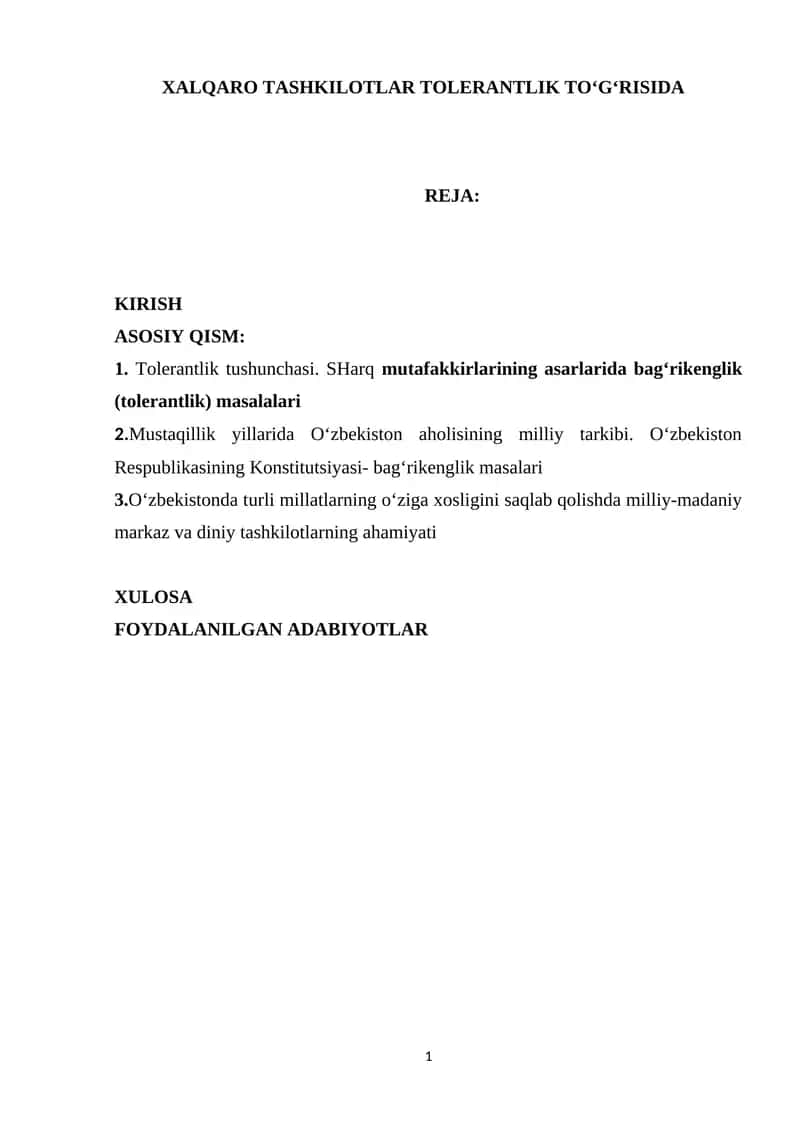 XALQARO TASHKILOTLAR TOLERANTLIK TO‘G‘RISIDA