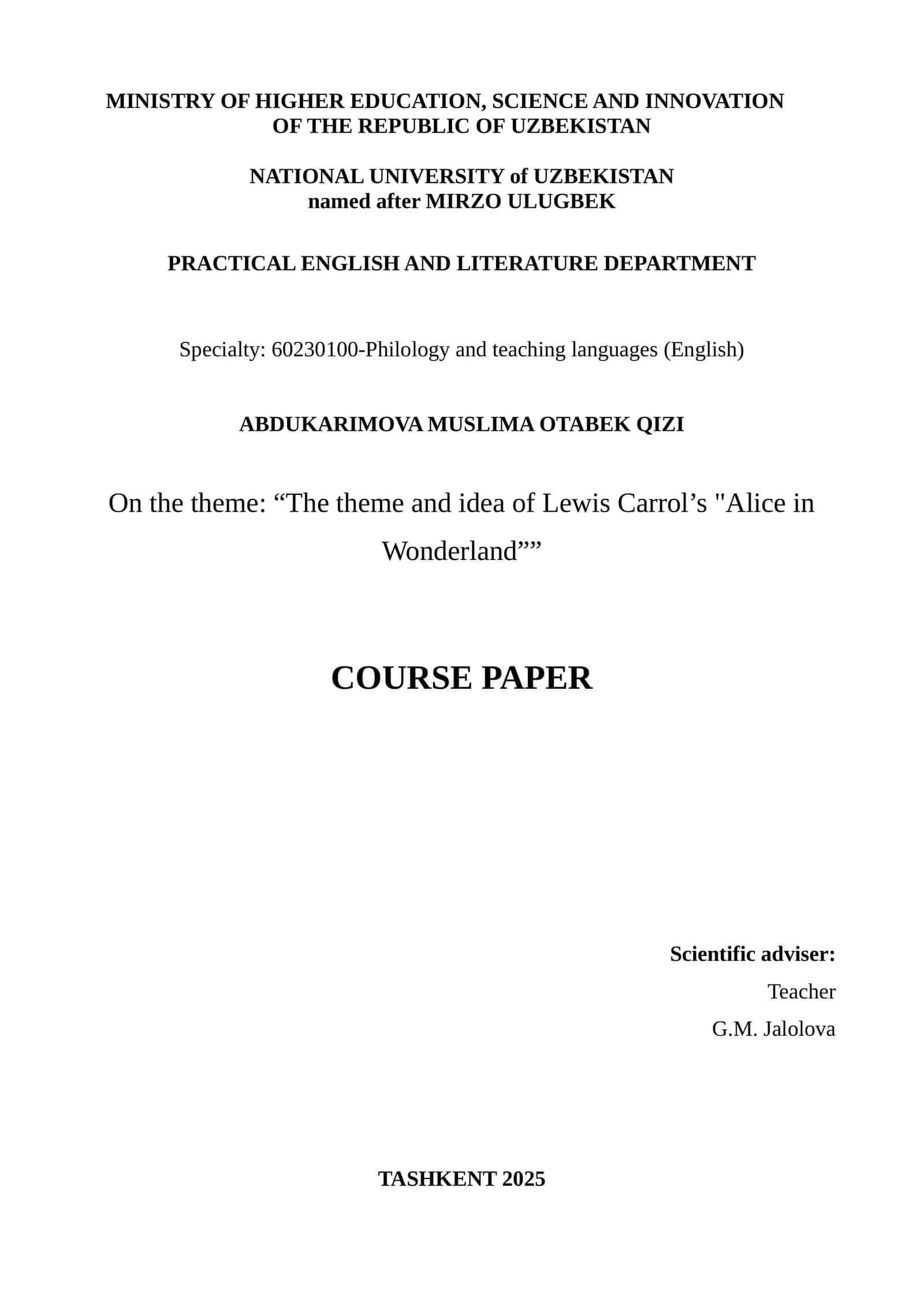 “The theme and idea of Lewis Carrol's "Alice in Wonderland””