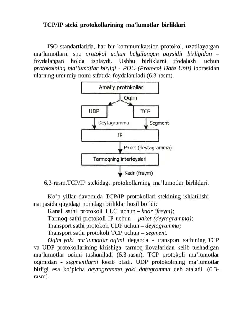 TCP/IP steki protokollarining ma’lumotlar birliklari