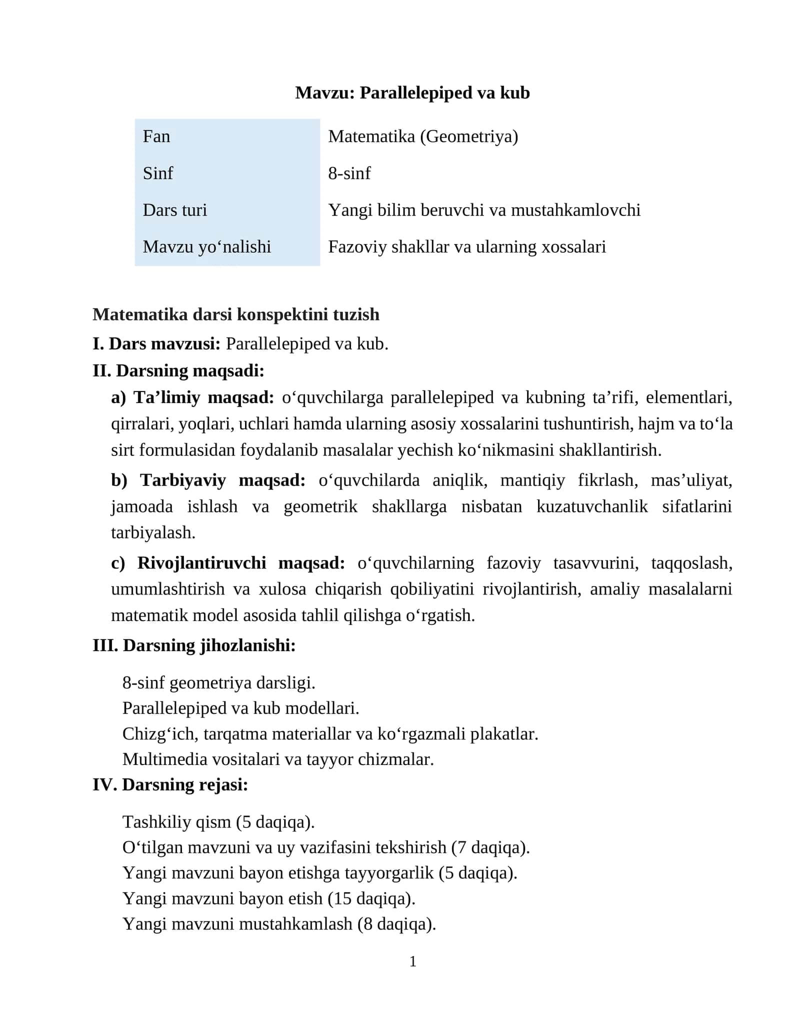 Parallelepiped va kub
