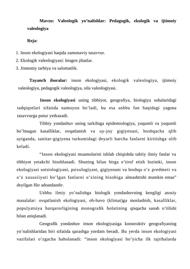 Valeologik yo’nalishlar: Pedagogik, ekologik va ijtimoiy valeologiya