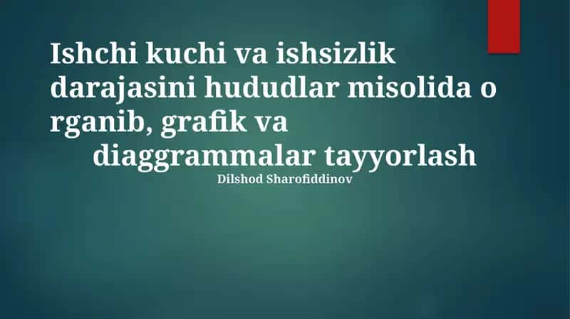Hududiy (Shimoliy-Sharq, G'arbiy, Janubiy, Markaziy) bandlik va ishsizlik ko'rsatkichlarini (2010-2023) BLS ma'lumotlari asosida tahlil qilish, grafiklar yaratish, farqlarni aniqlash (masalan, Markaziy hududda ishlab chiqarishning pasayishi ishsizlikka ta'sirini), maqsadli kasb-hunar ta'limi dasturlari va infratuzilmaga investitsiyalarni (masalan, qishloq joylariga 5 milliard dollarlik keng polosali internet) taklif qilish