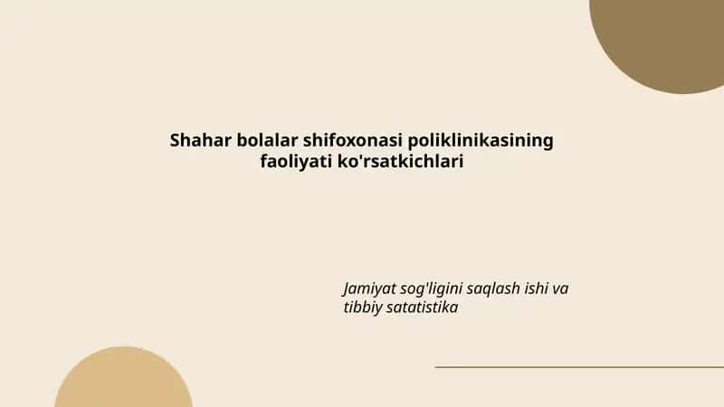 Shahar bolalar shifoxonasi poliklinikasining faoliyati ko'rsatkichlari