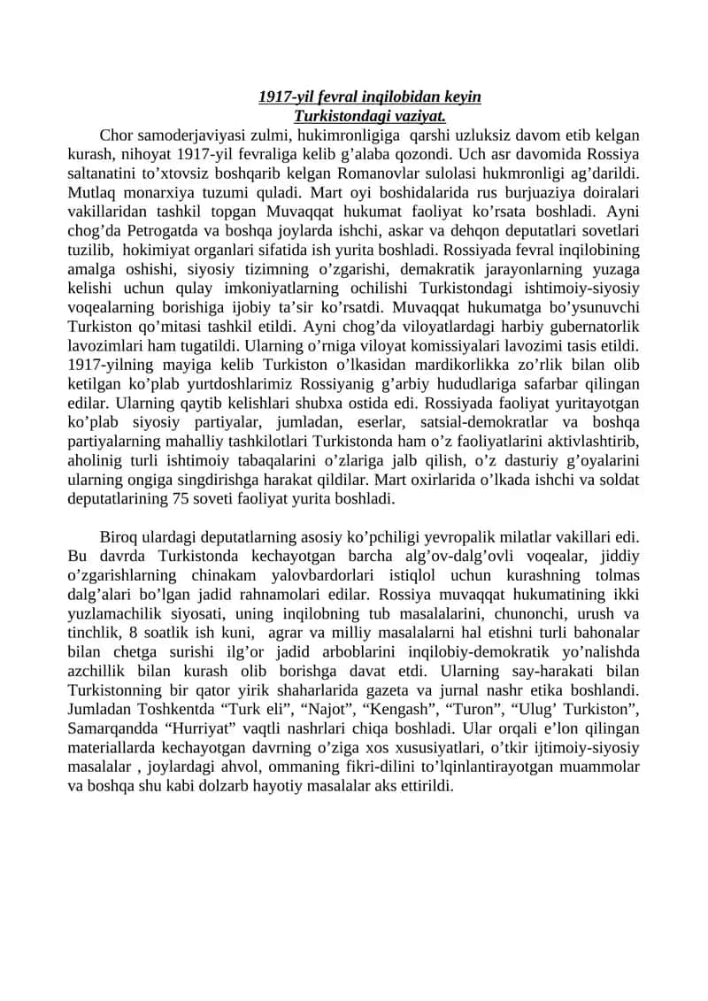 1917-yil fevral inqilobidan keyin Turkistondagi vaziyat.