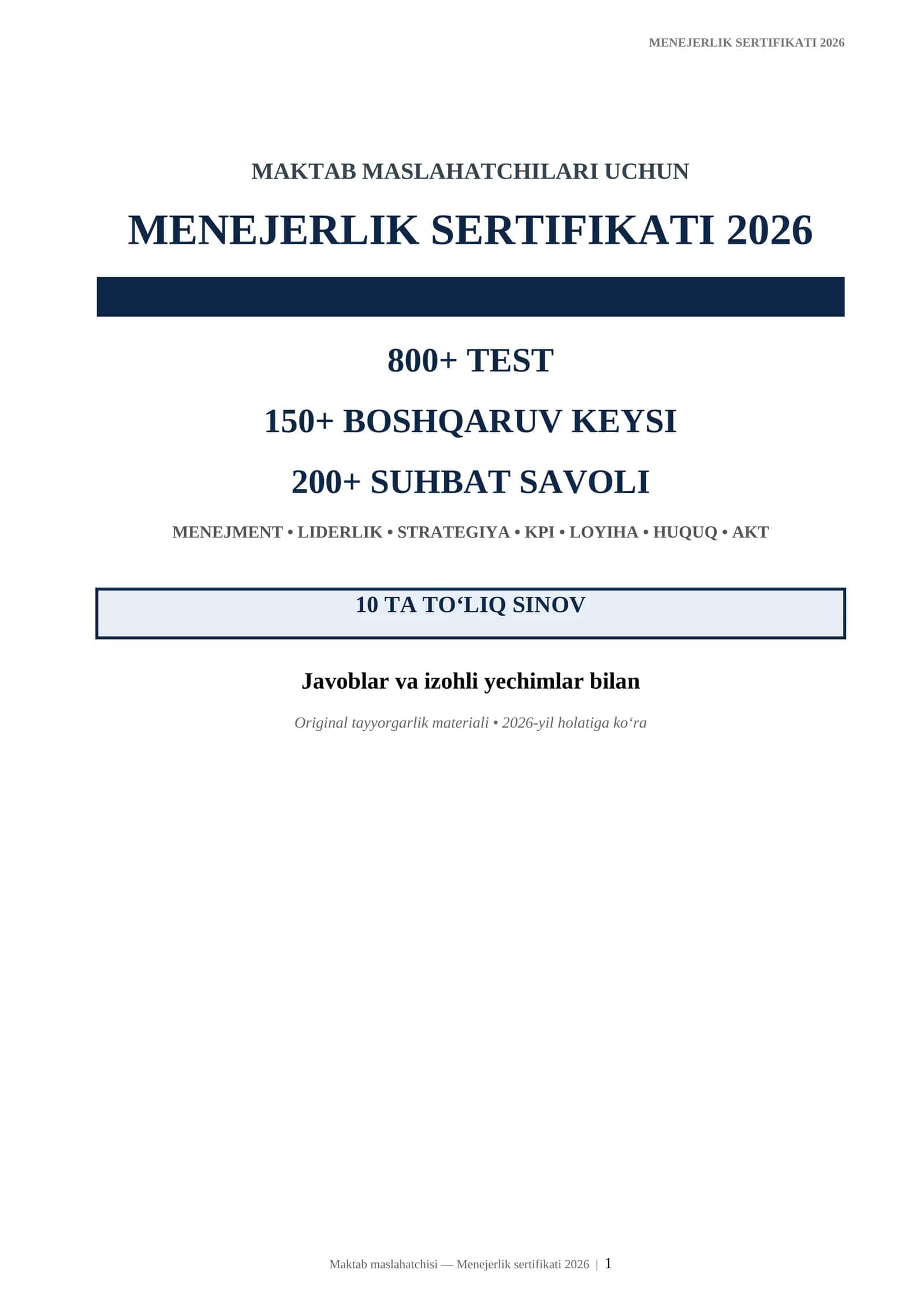 Maktab maslahatchilari uchun Menejerlik sertifikati 2026 | 800+ test + 150+ keys + 200 suhbat savoli
