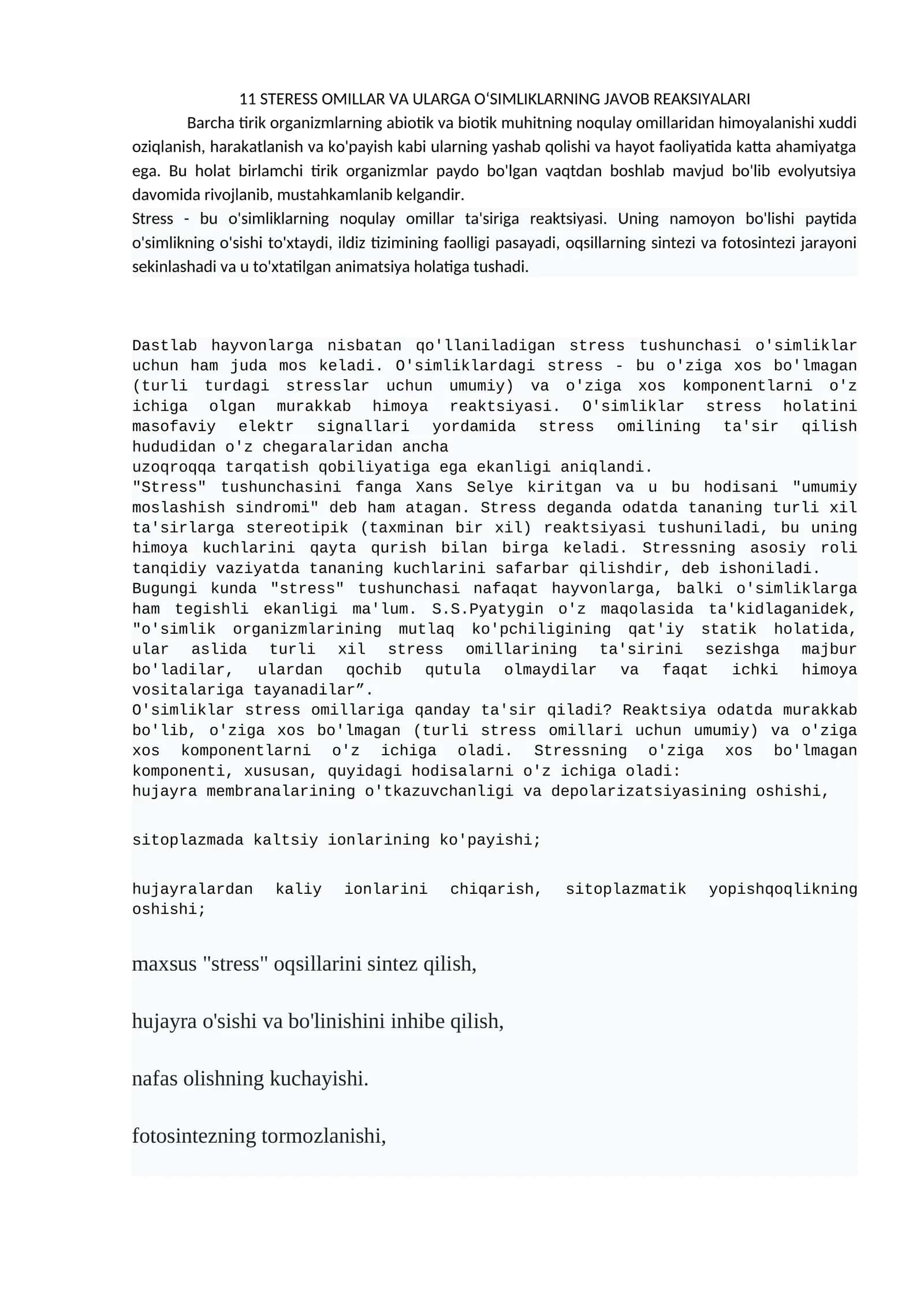 Steress omillar va ularga o‘simliklarning javob reaksiyalari