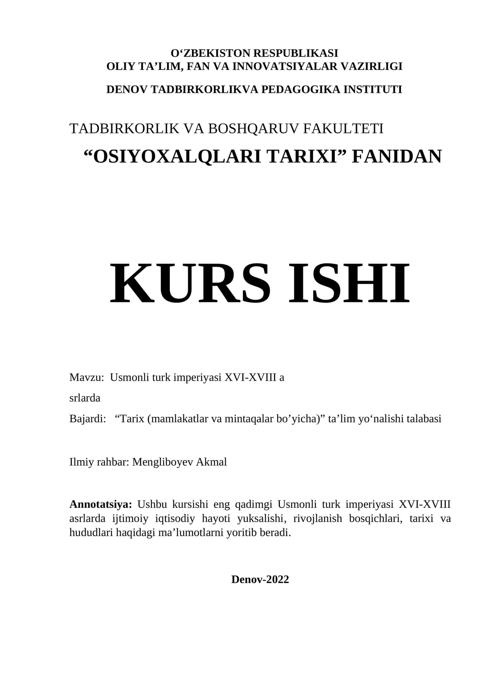 Usmonli turk imperiyasi XVI-XVIII asrlarda