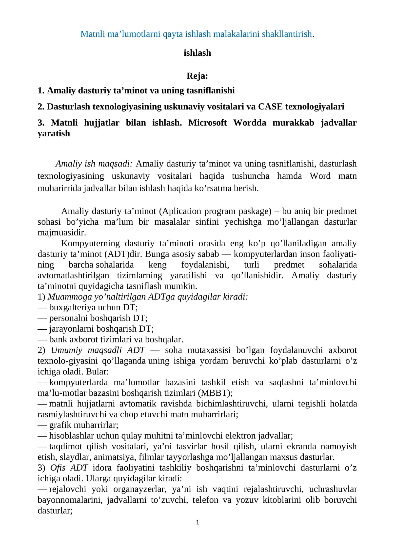 Matnli ma’lumotlarni qayta ishlash malakalarini shakllantirish