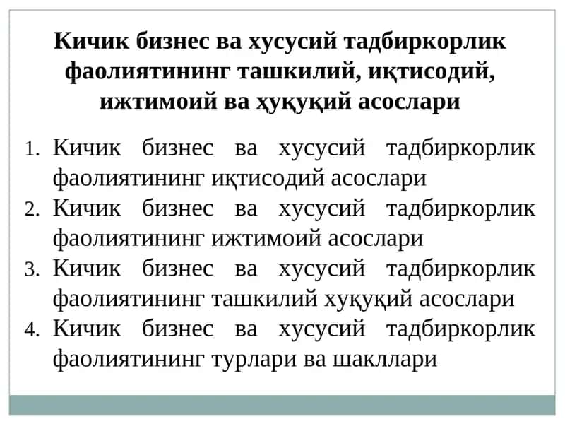 Кичик бизнес ва хусусий тадбиркорлик фаолиятининг ижтимоий асослари