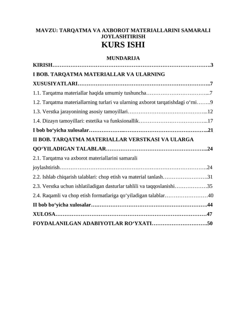 TARQATMA VA AXBOROT MATERIALLARINI SAMARALI JOYLASHTIRISH KURS ISHI