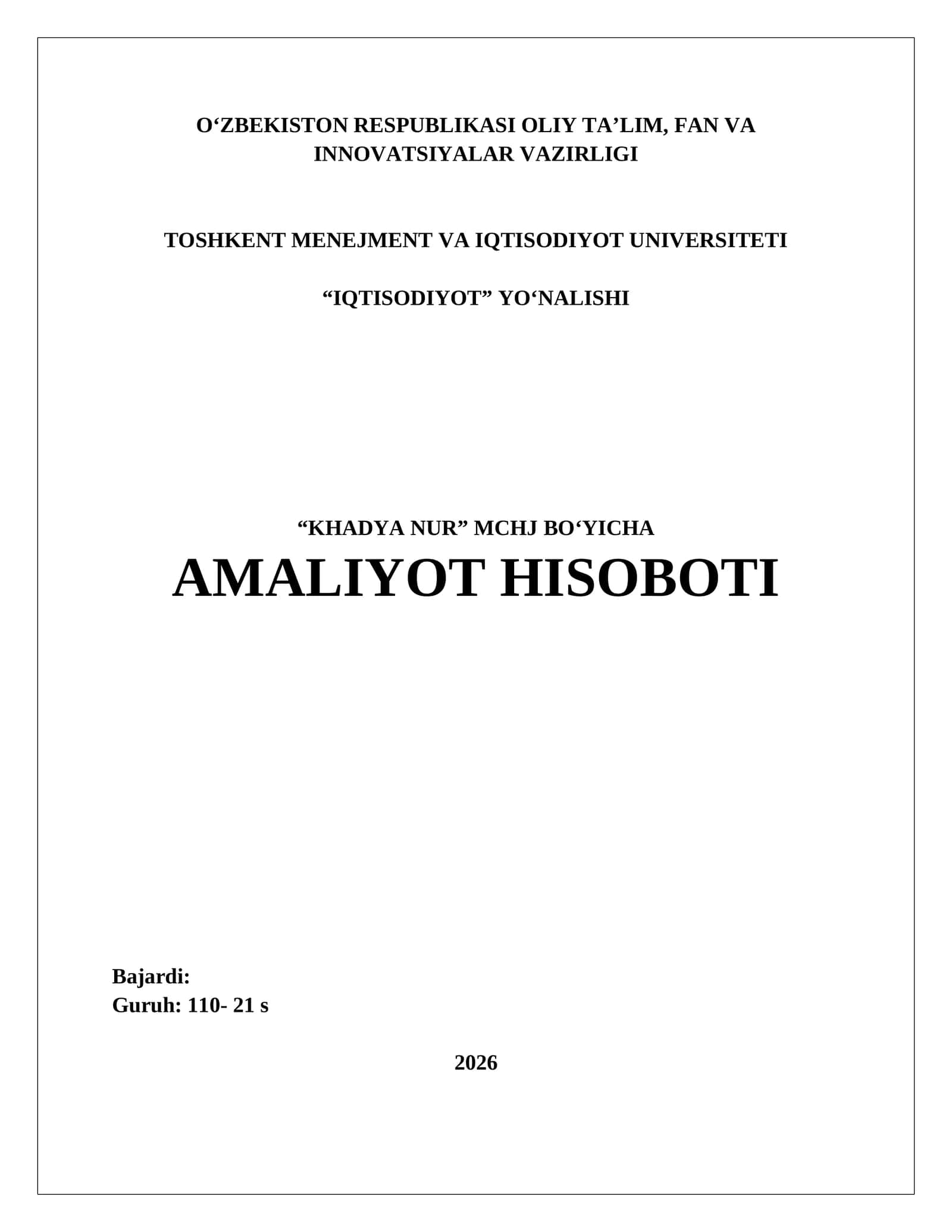 BIOLOGIK MAHSULOTLAR SOTUVI MCHJ BOʻYICHA. AMALIYOT HISOBOTI.