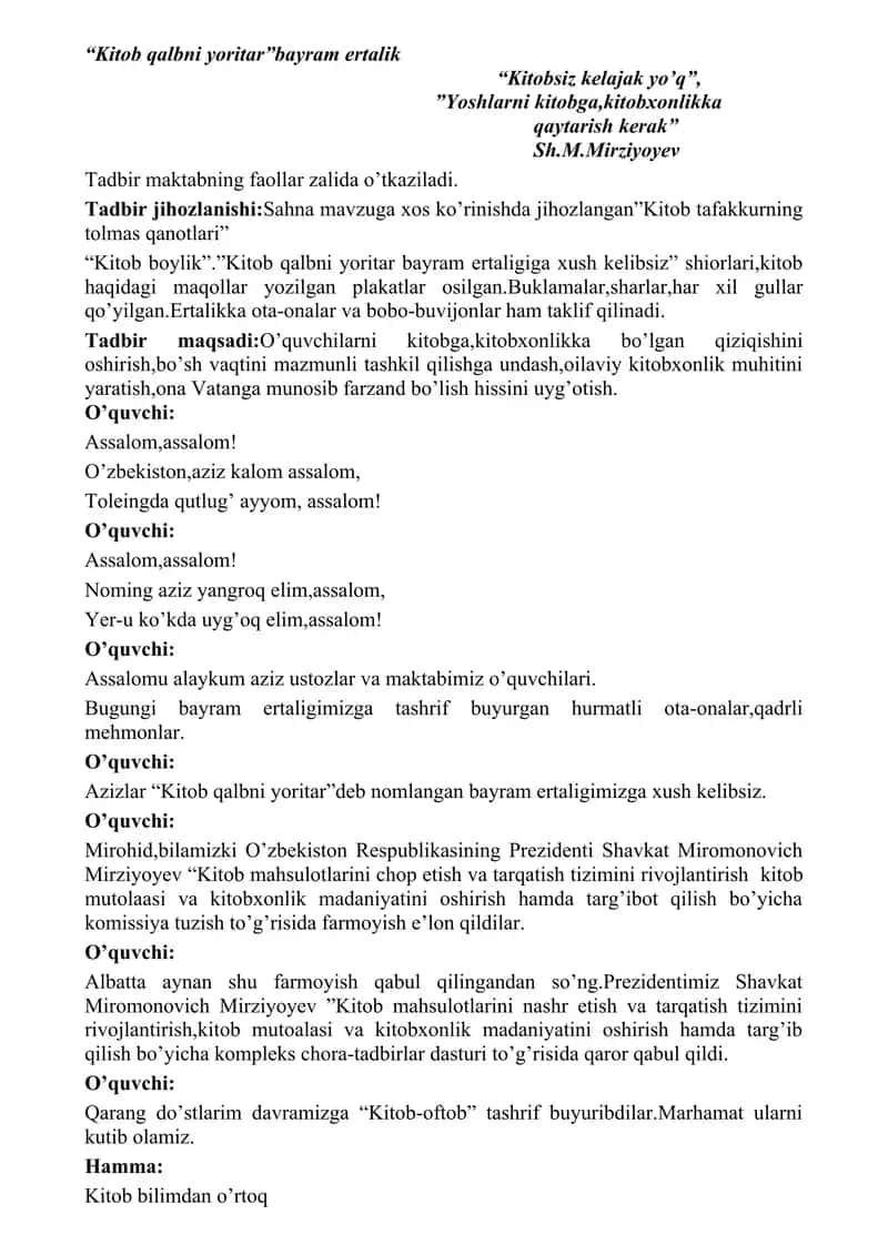 Kitob qalbni yoritar tadbir senariysi