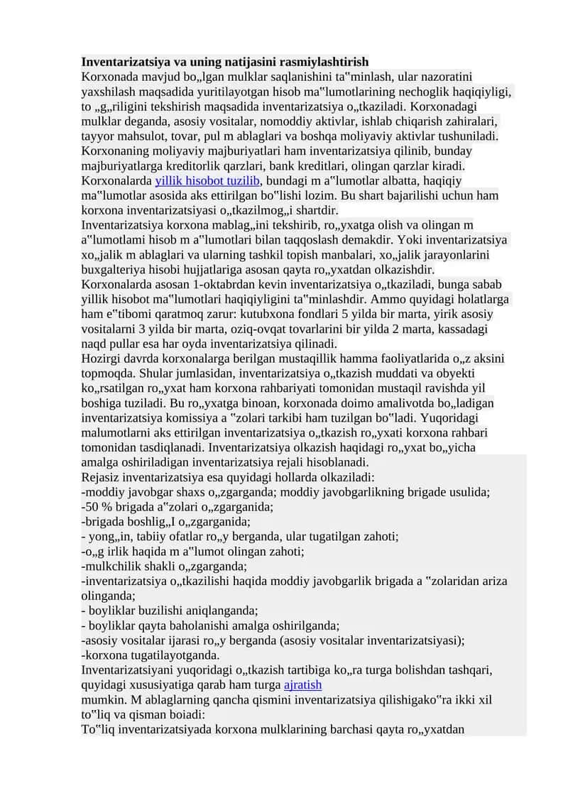 Inventarizatsiya va uni natijasi