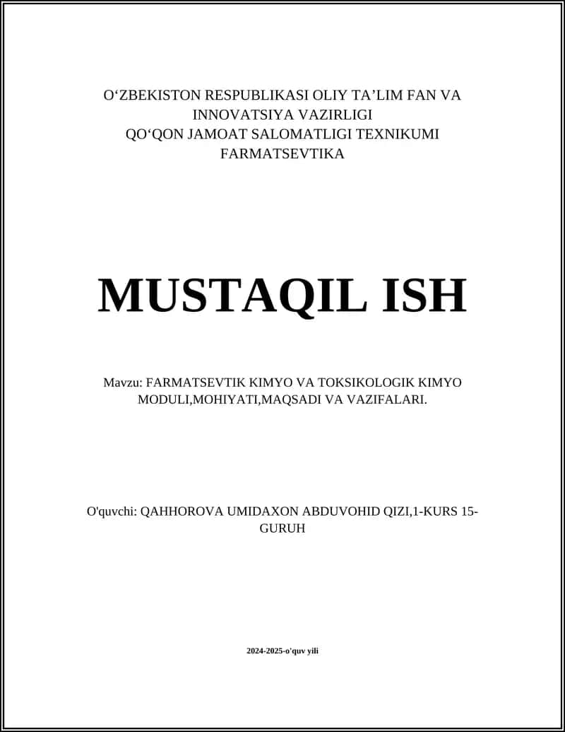 FARMATSEVTIK KIMYO VA TOKSIKOLOGIK KIMYO MODULI