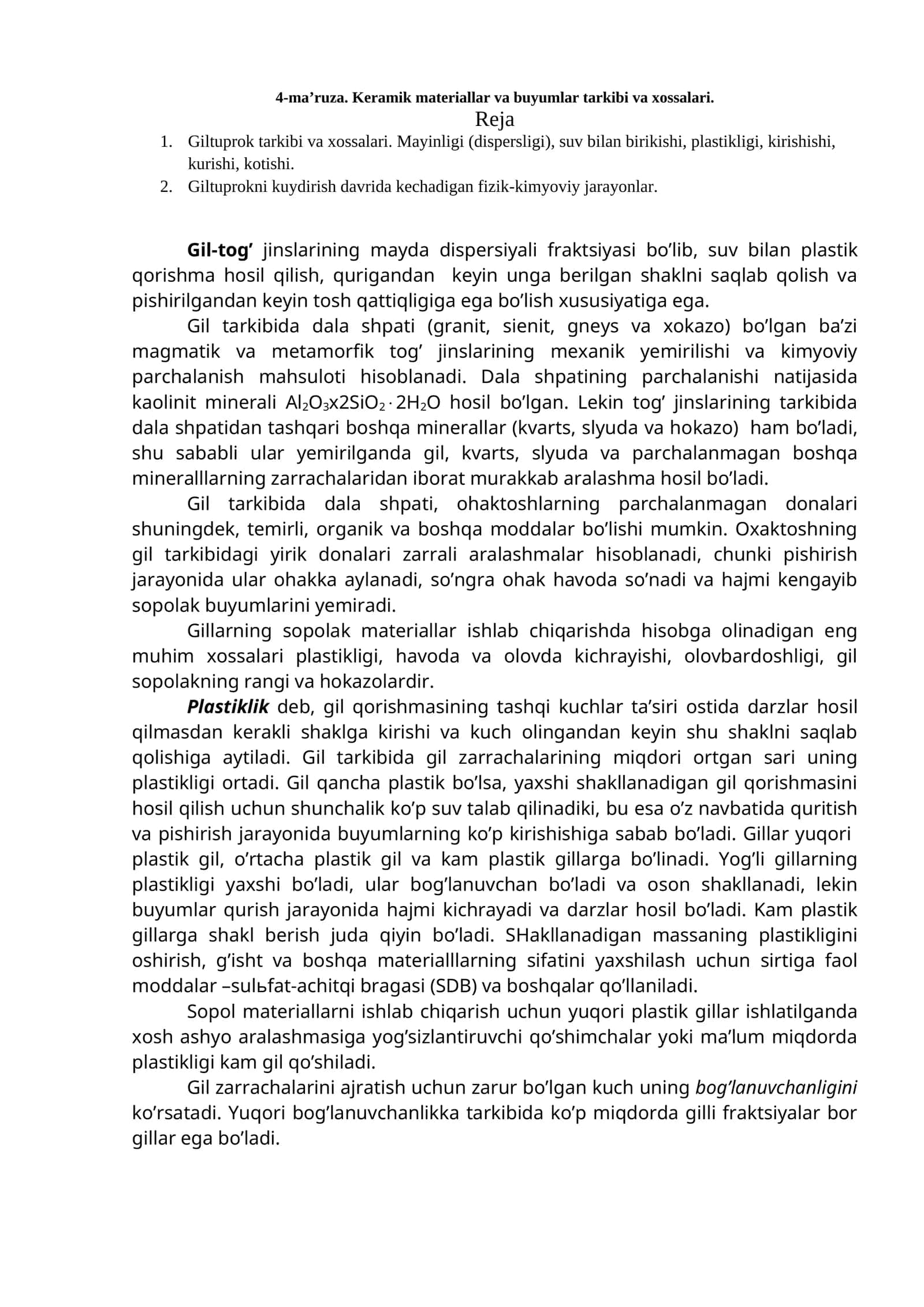 Keramik materiallar va buyumlar tarkibi va xossalari