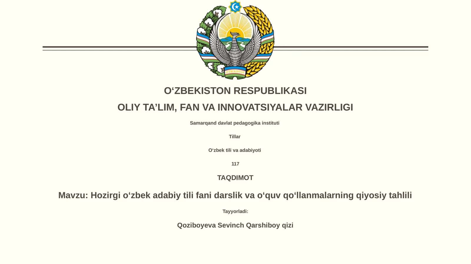 Hozirgi oʻzbek adabiy tili fani darslik va oʻquv qoʻllanmalarning qiyosiy tahlili