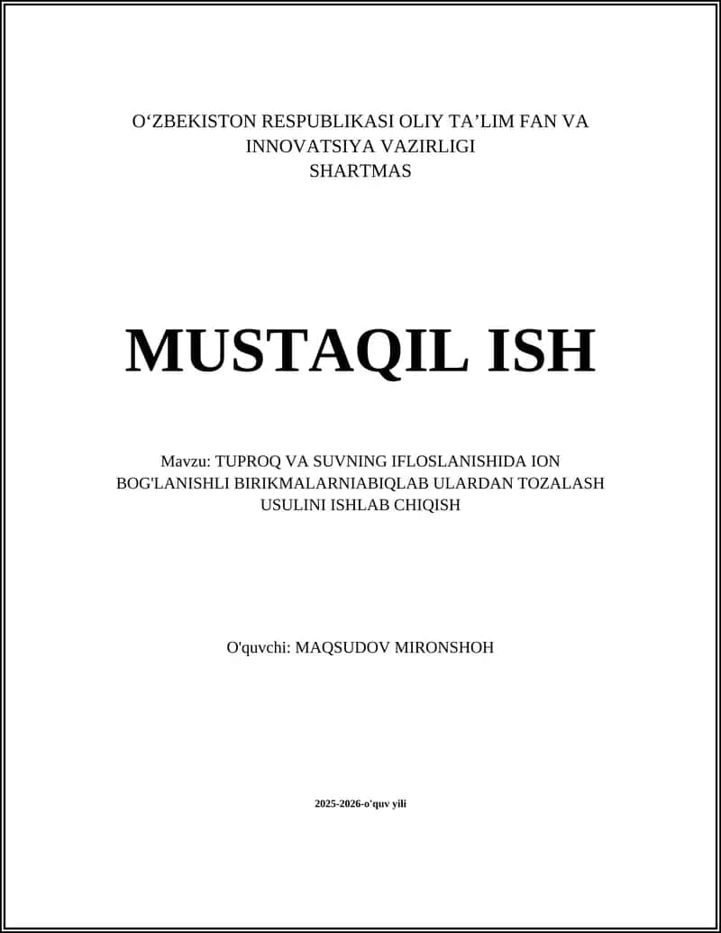 Tuproq va suvning ifloslanishida iyon bog'lanishli birikmalarni aniqlash uchun spektral va xromatografik metodlarni ishlab chiqish
