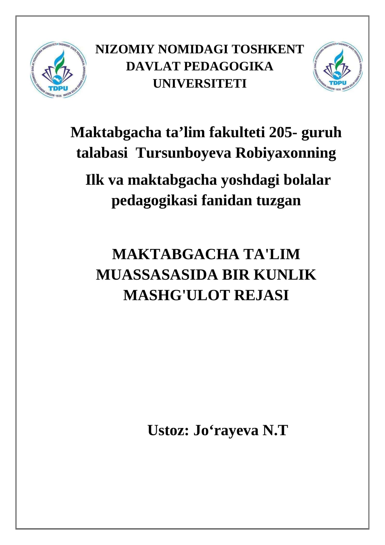 MAKTABGACHA TA'LIM MUASSASASIDA BIR KUNLIK MASHG'ULOT REJASI