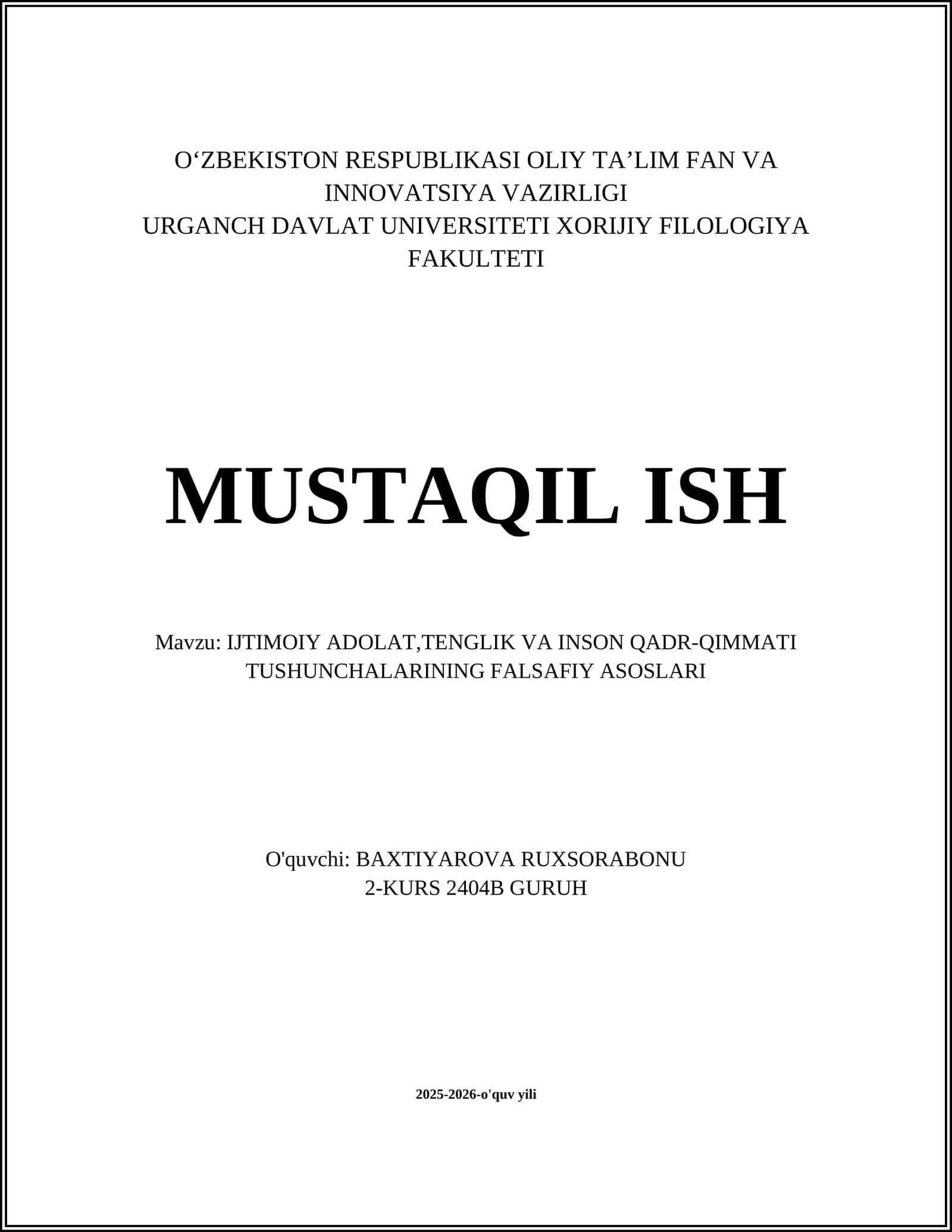 Ijtimoiy adolat, tenglik va inson qadr-qimmati tushunchalarining falsafiy asoslari