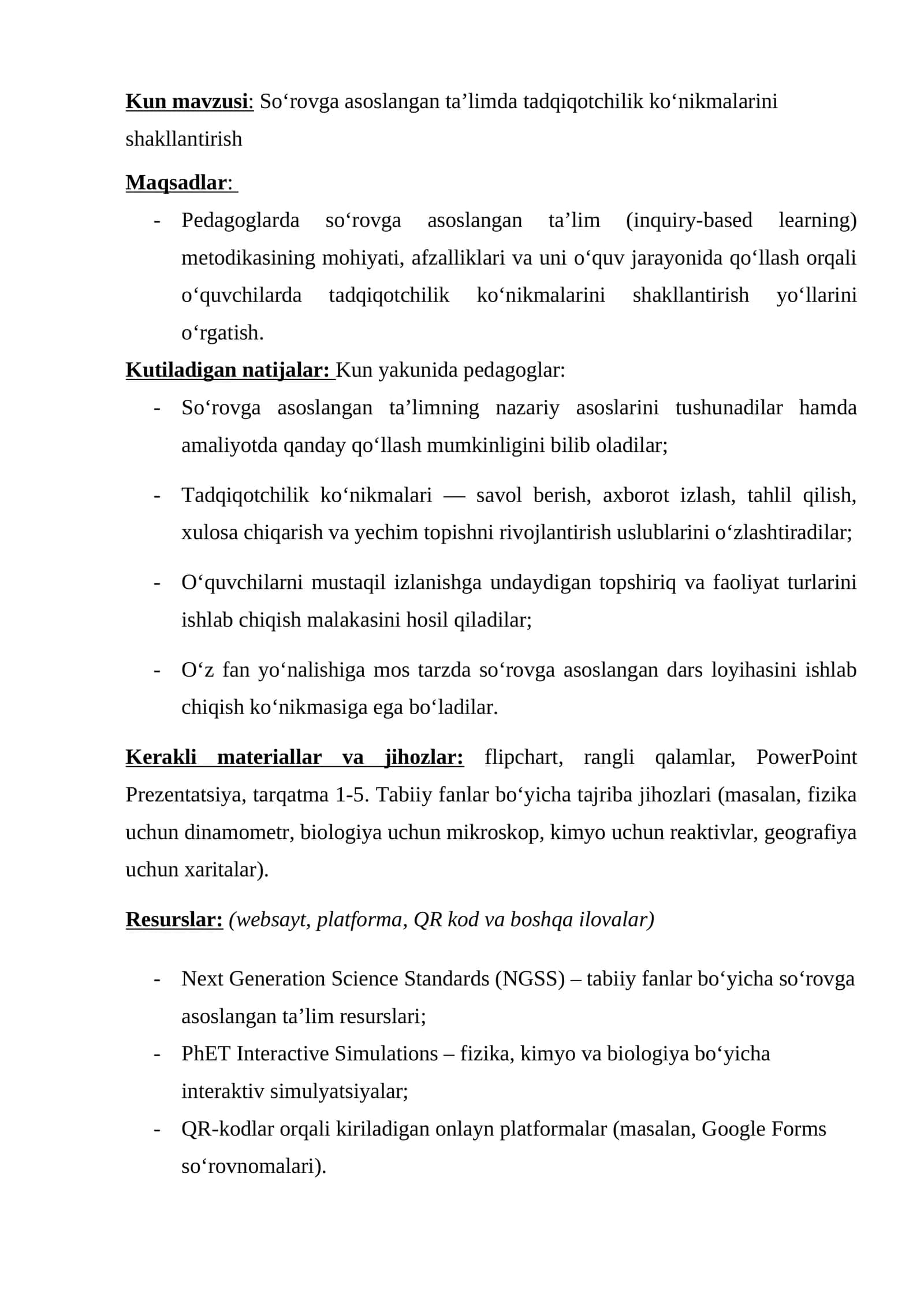 So‘rovga asoslangan ta’limda tadqiqotchilik ko‘nikmalarini shakllantirish