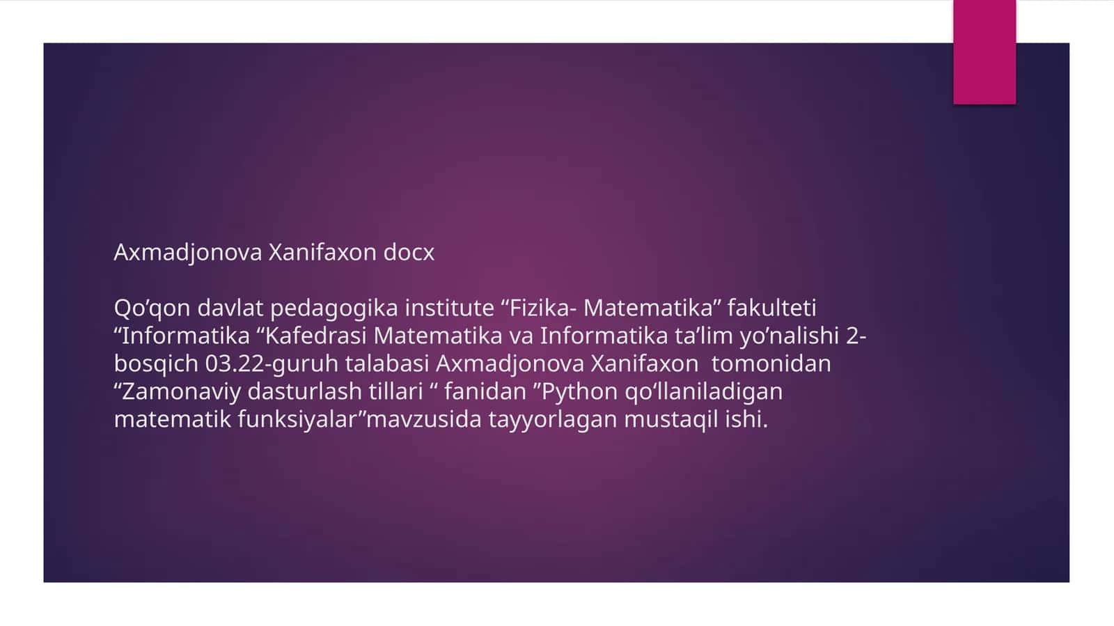 Python qo’llaniladigan matematik funksiyalar