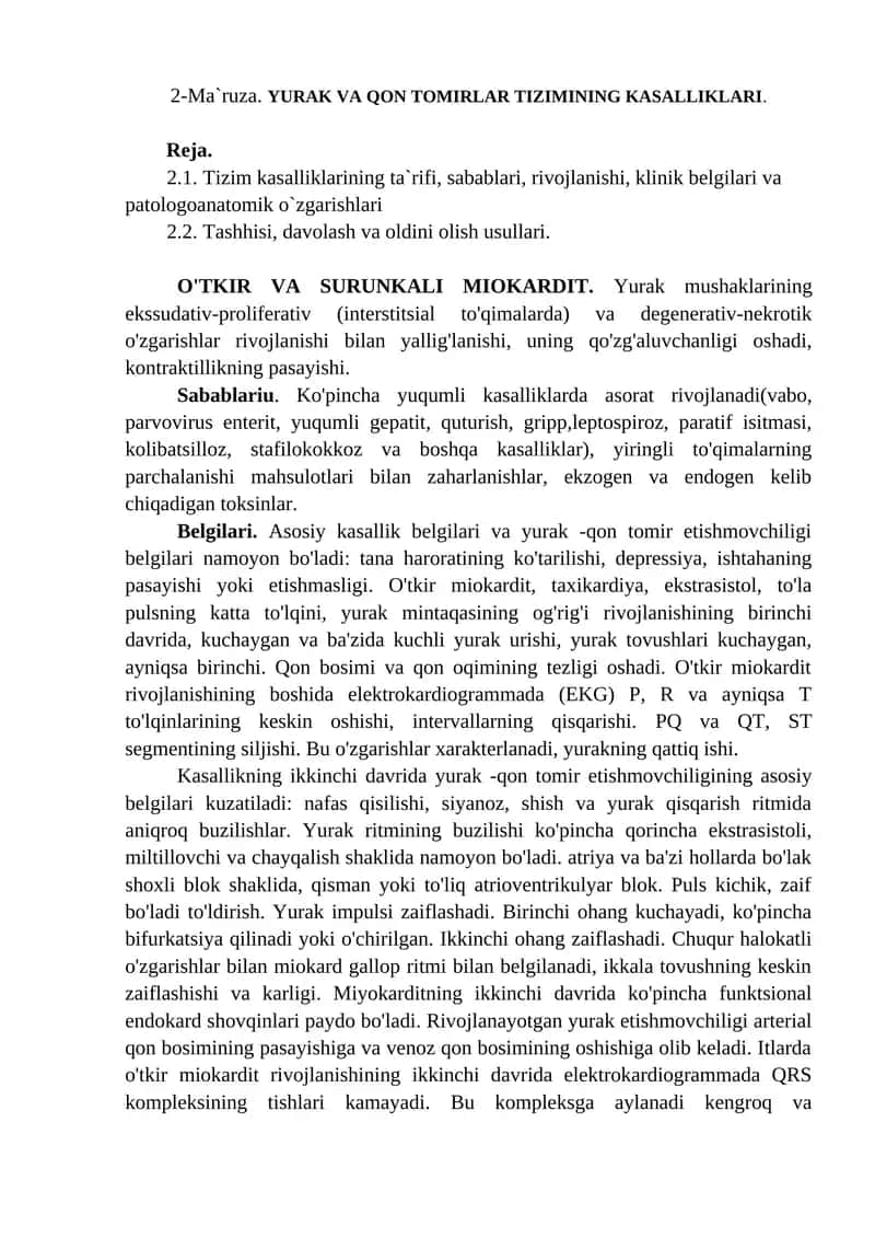 2-Ma`ruza. YURAK VA QON TOMIRLAR TIZIMINING KASALLIKLARI