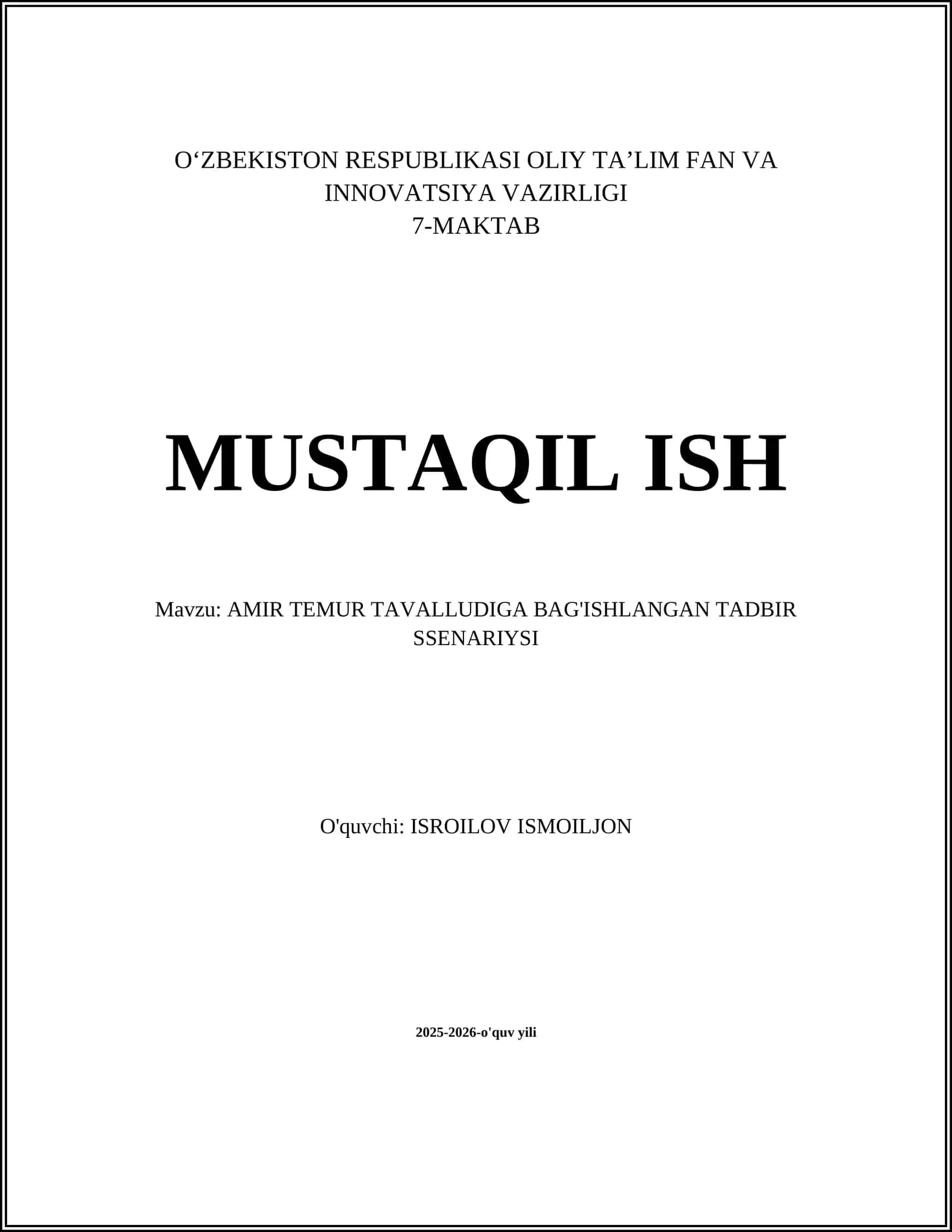 AMIR TEMUR TAVALLUDIGA BAG'ISHLANGAN TADBIR SSENARIYSI