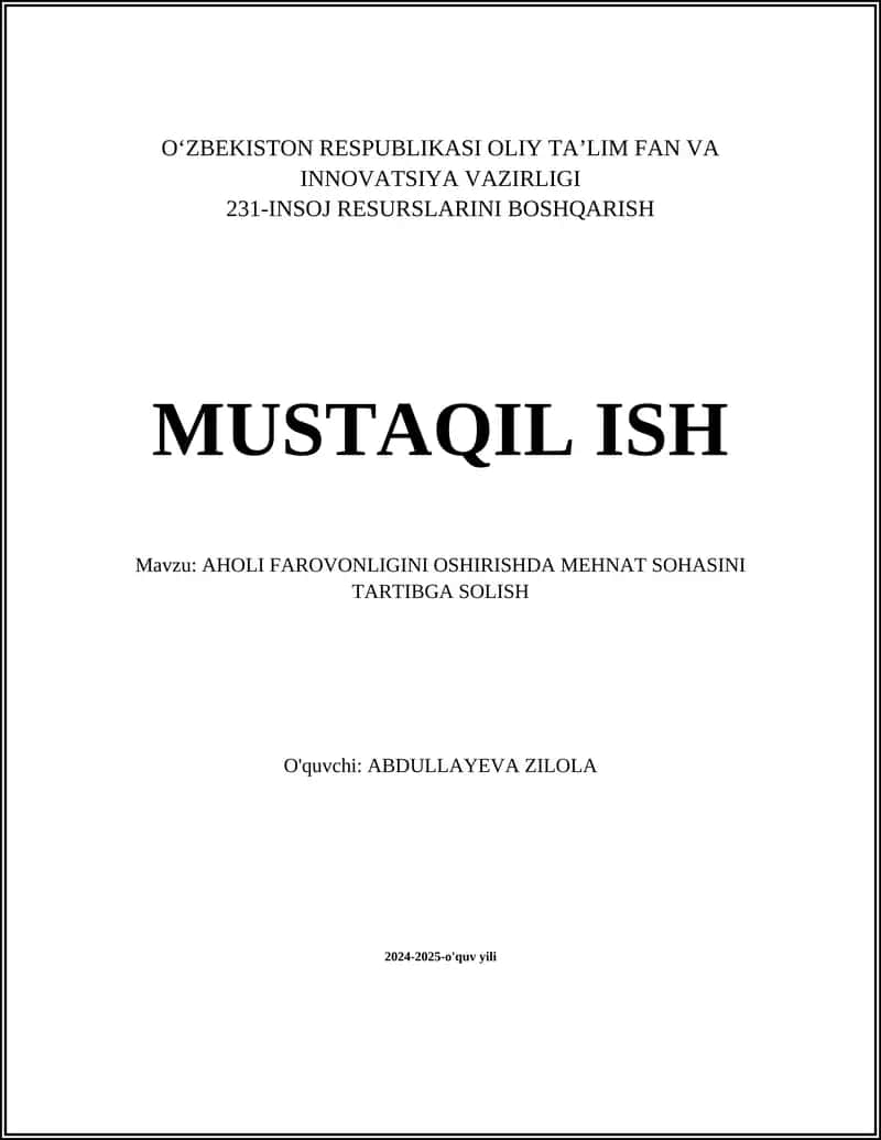 AHOLI FAROVONLIGINI OSHIRISHDA MEHNAT SOHASINI TARTIBGA SOLISH