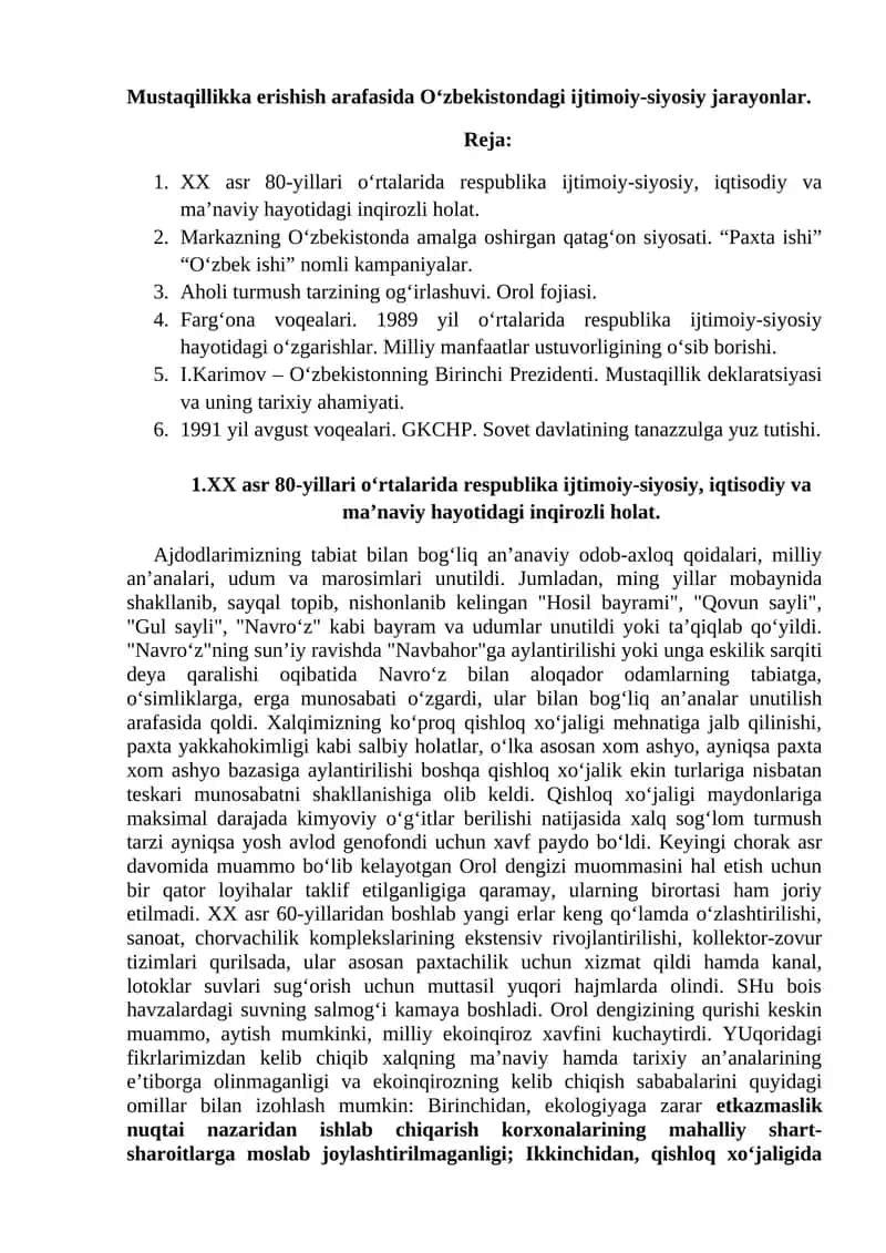 Mustaqillikka erishish arafasida O‘zbekistondagi ijtimoiy-siyosiy jarayonlar