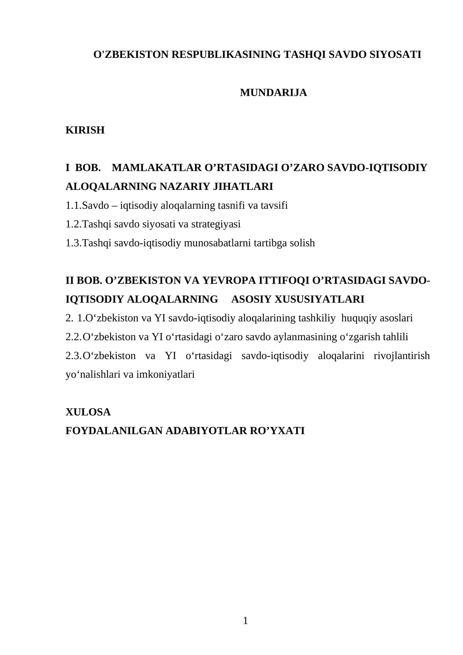 O'ZBEKISTON RESPUBLIKASINING TASHQI SAVDO SIYOSATI