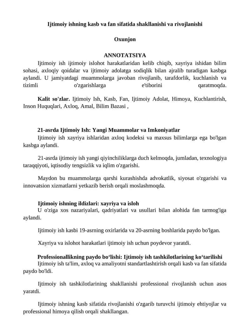 Ijtimoiy ishning kasb va fan sifatida shakllanishi va rivojlanishi