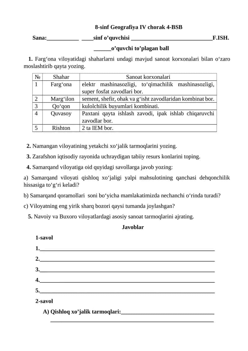 8-sinf Geografiya IV chorak 4-BSB
