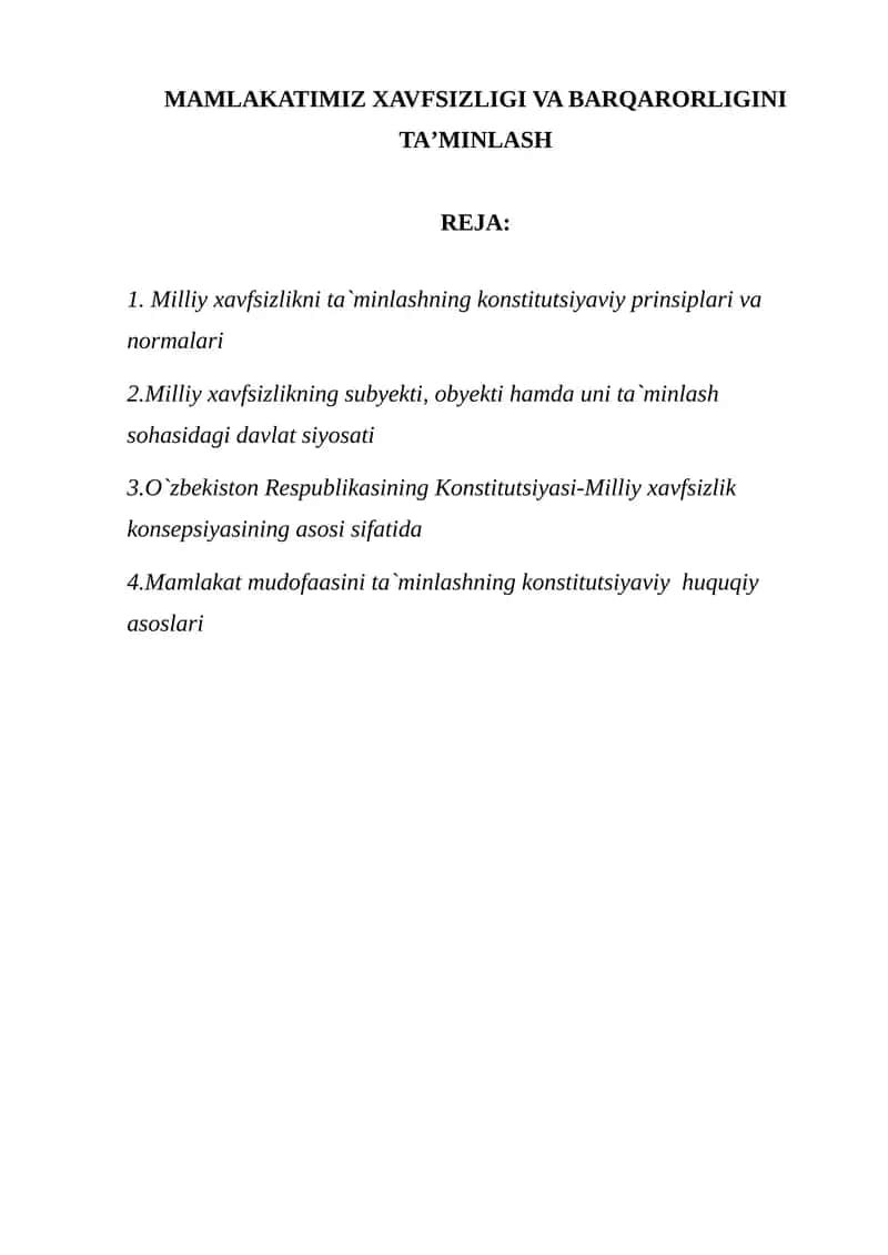 MAMLAKATIMIZ XAVFSIZLIGI VA BARQARORLIGINI TAʼMINLASH