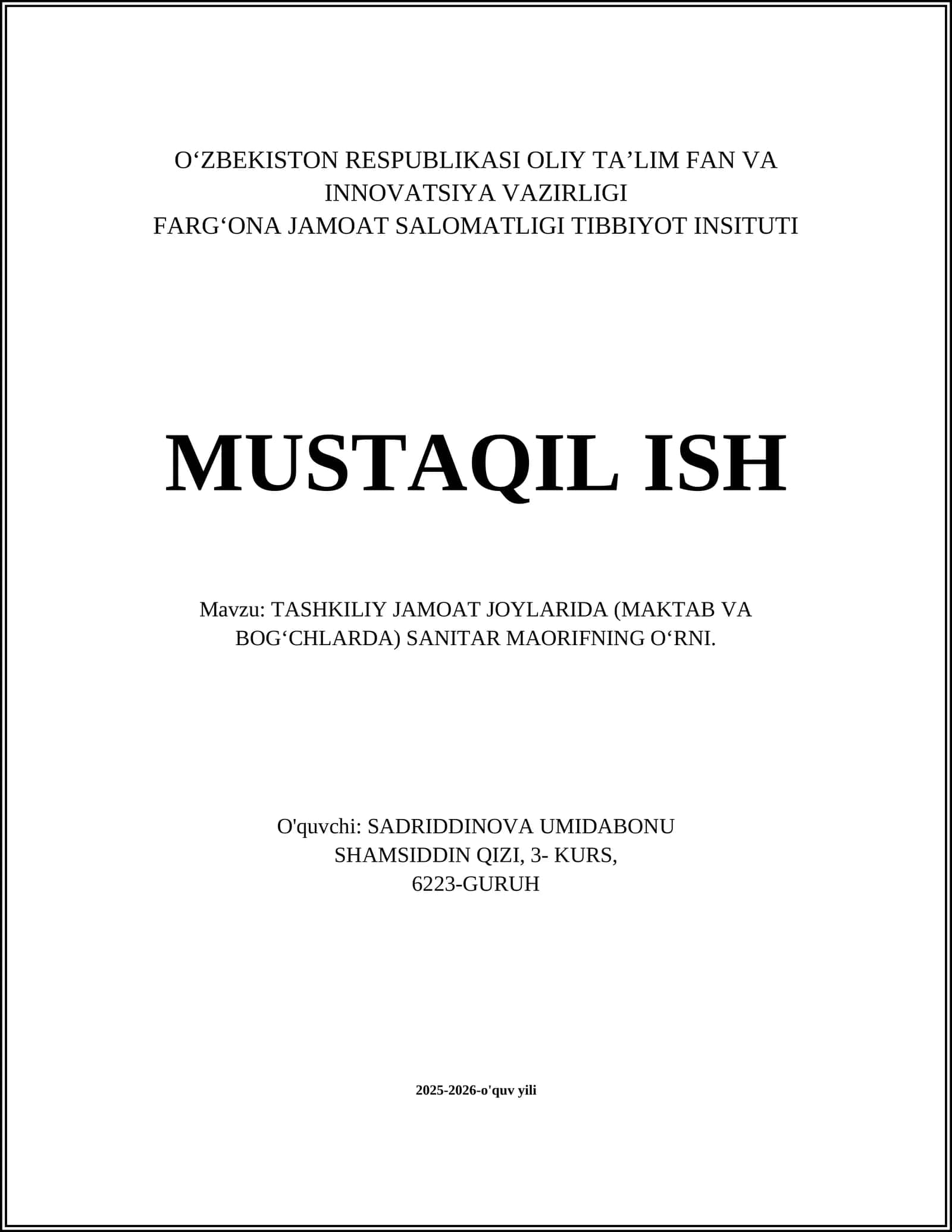 MAKTAB VA BOGʻCHALARDA SANITAR-MAORIFNING OʻRNI