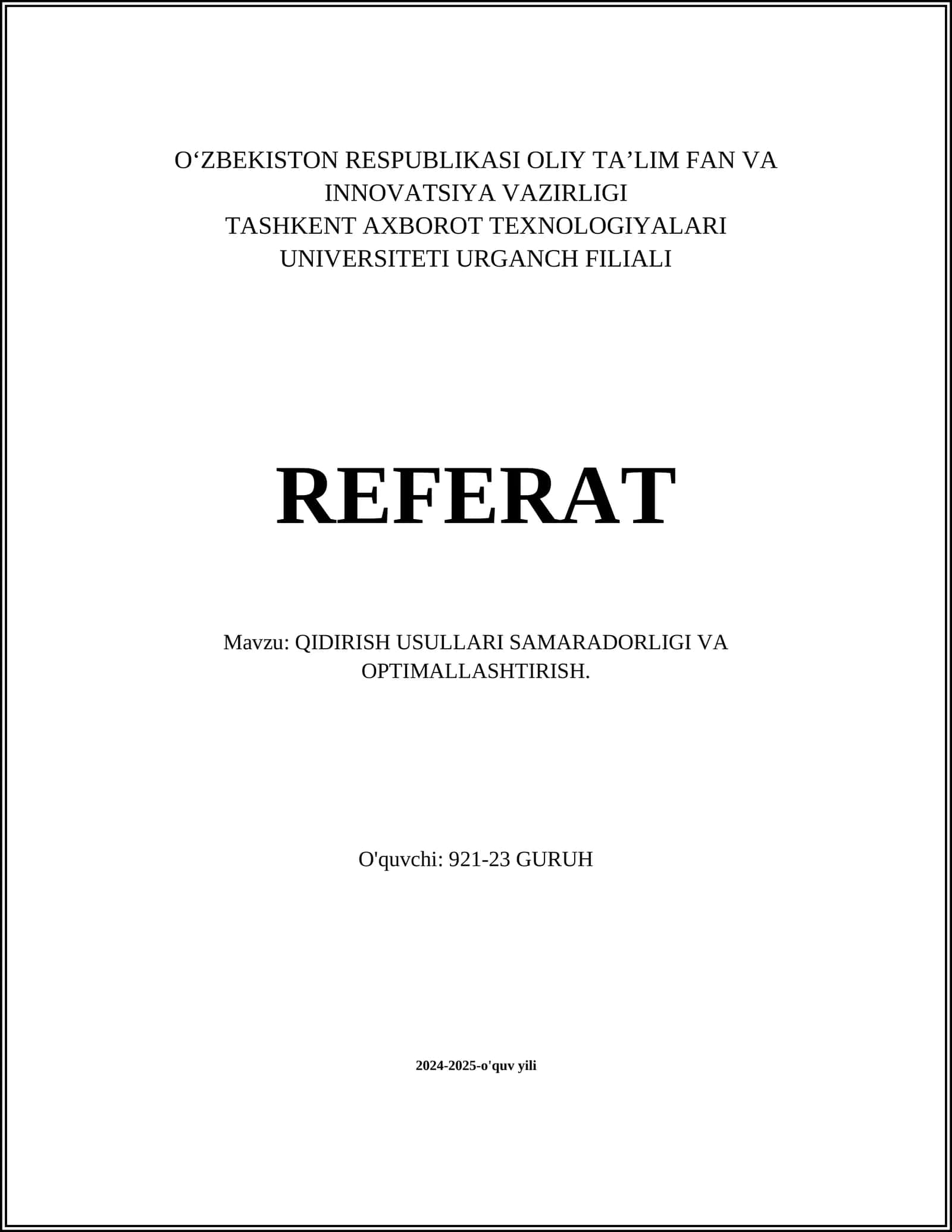 QIDIRISH USULLARI SAMARADORLIGI VA OPTIMALLASHTIRISH