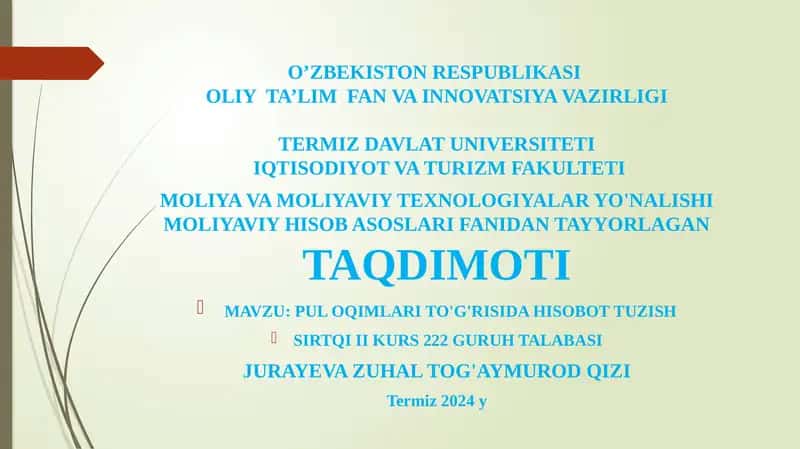 Puloqimlar to'g'risida hisobot tuzish