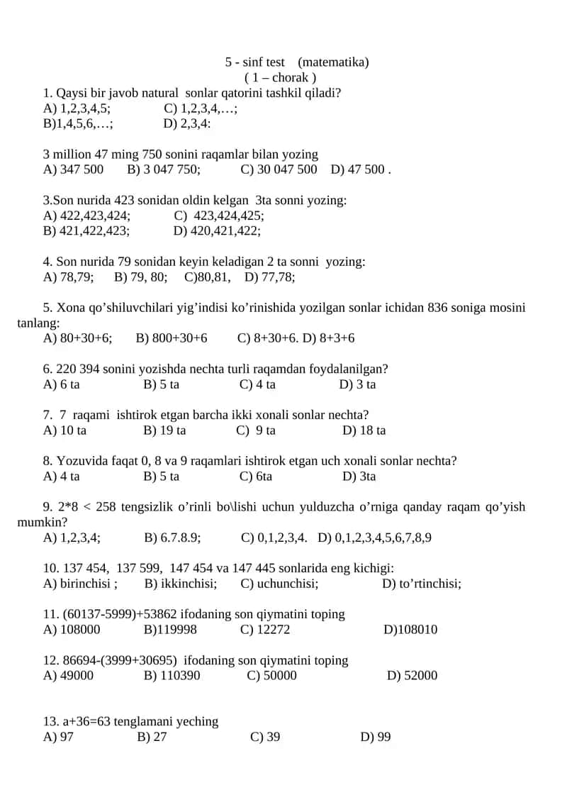 MATEMATIKA FANIDAN TEST SAVOLLARI