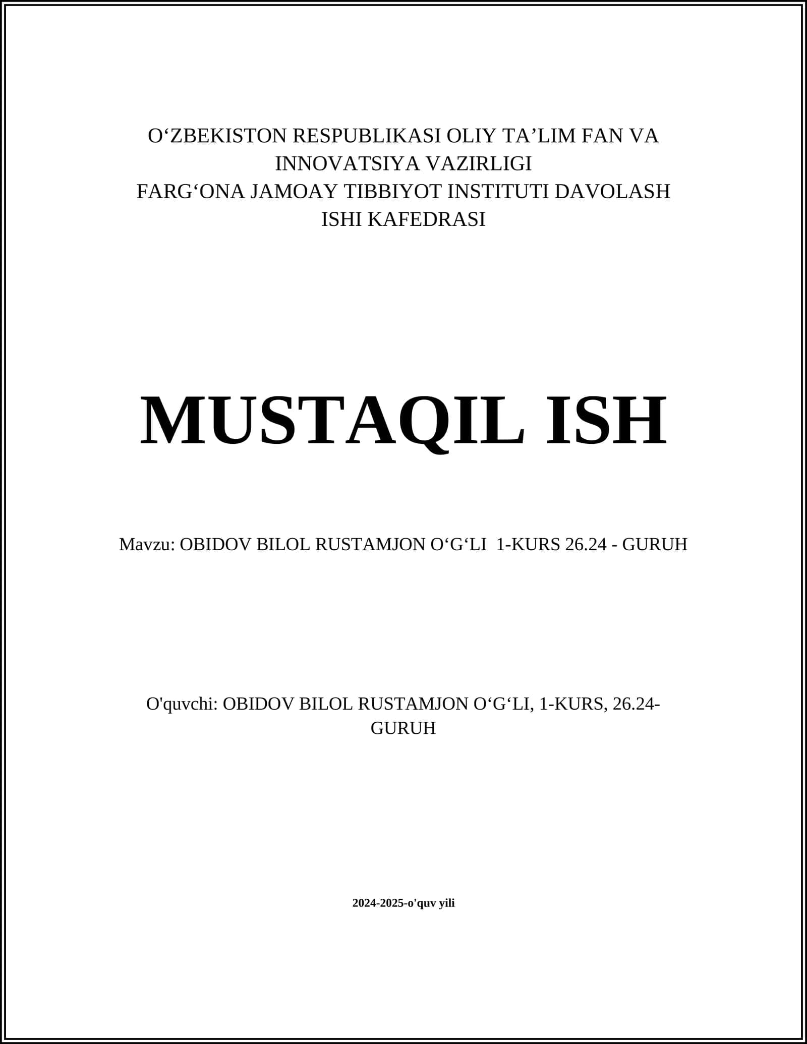 OBIDOV BILOL RUSTAMJON O‘G‘LI 1-KURS 26.24 - GURUH